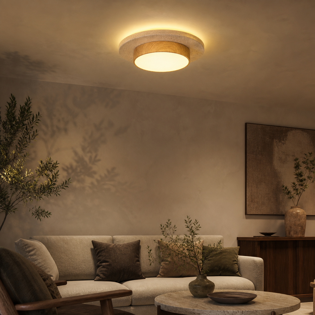 Natural wood travertine flush mount ceiling light glowing in a living room