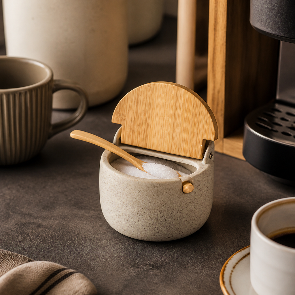 Single ceramic seasoning jar used for sugar on a warm coffee bar