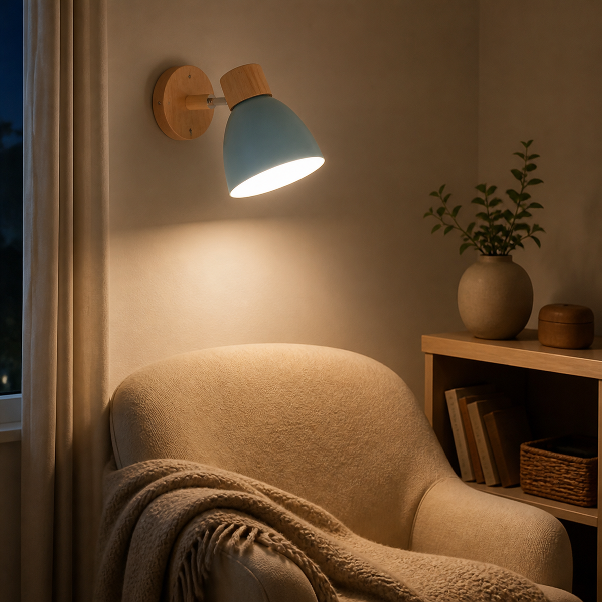 Blue adjustable macaron wall sconce lighting a reading corner