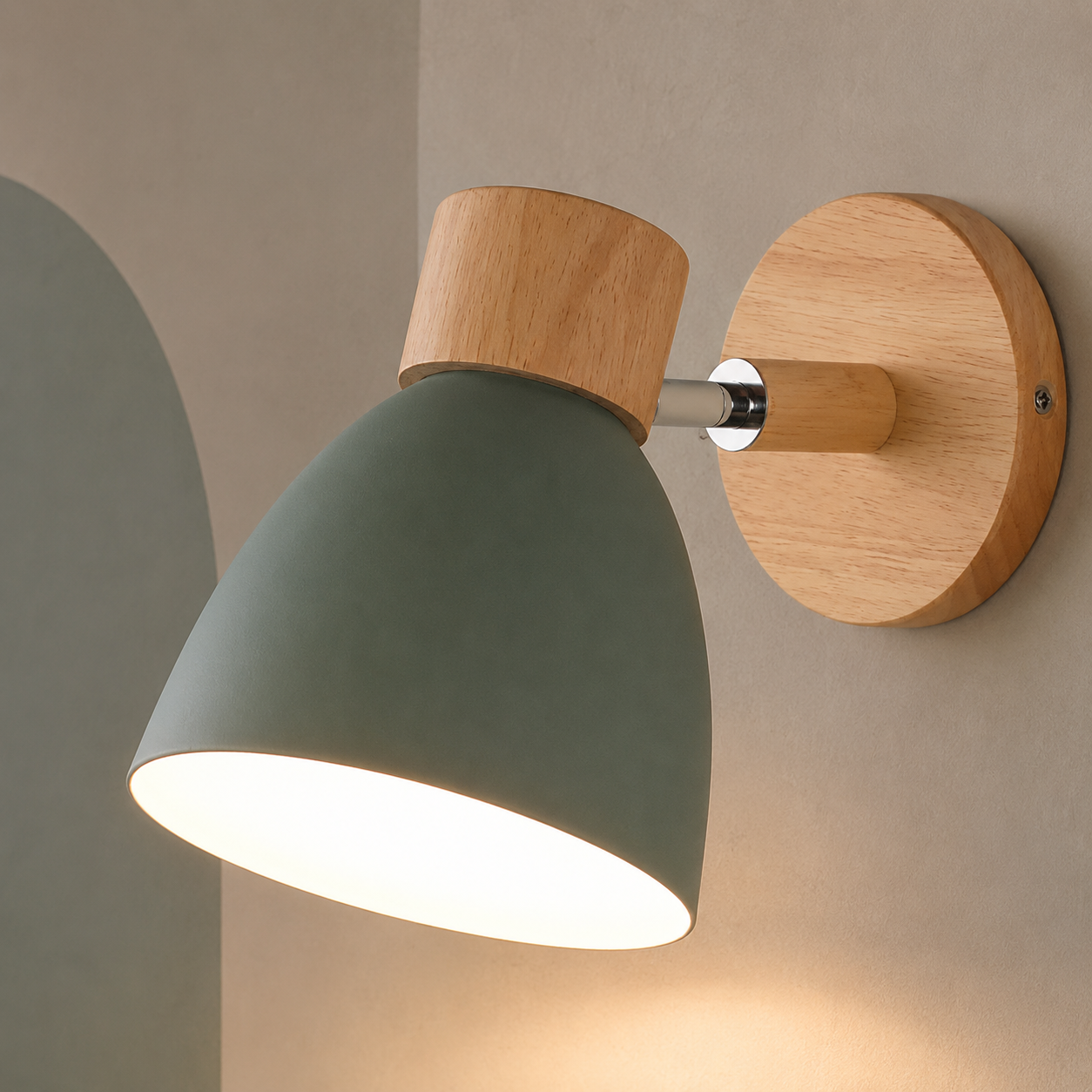 Green bell macaron wall sconce lit on a greige wall with sage arch