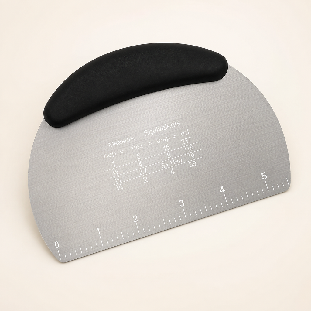 Bench scraper with a matte black handle, brushed stainless steel blade with an etched inch ruler