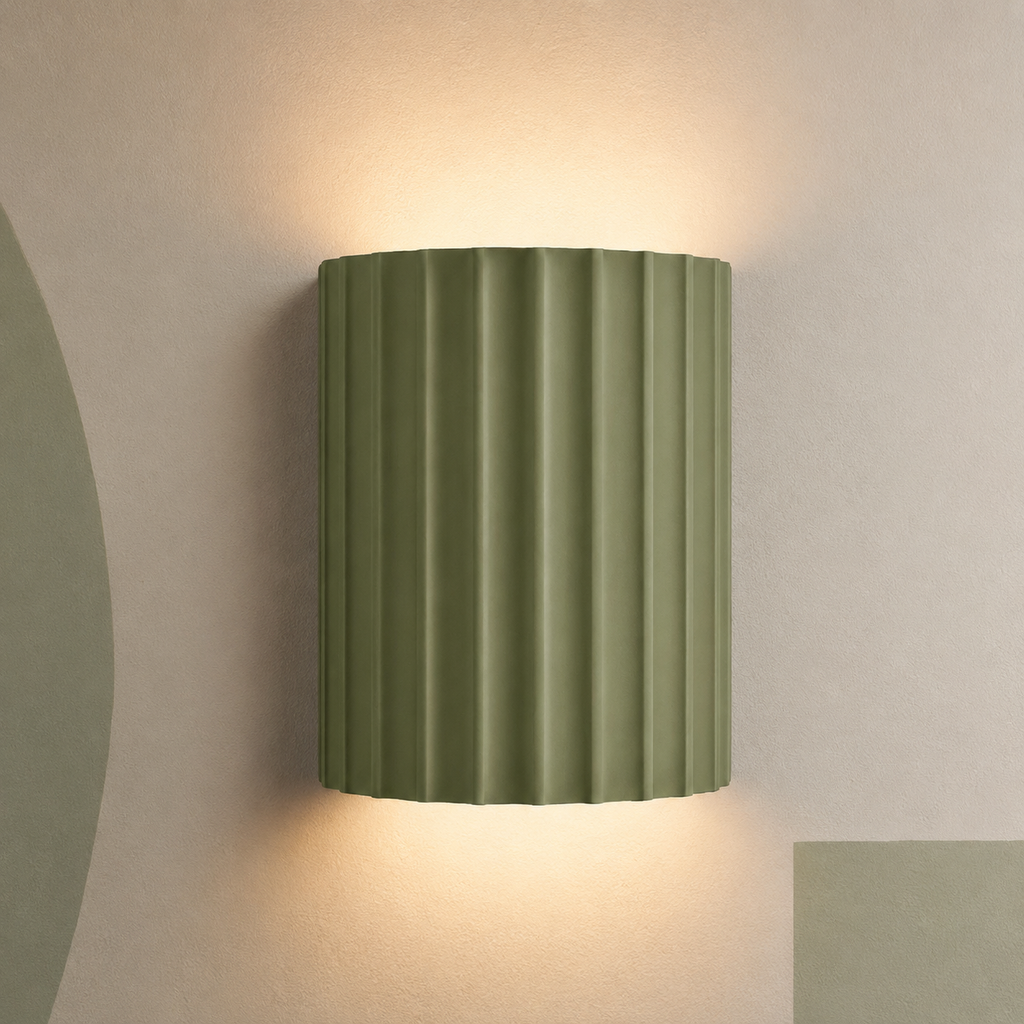 Olive green fluted hallway sconce washing light up and down