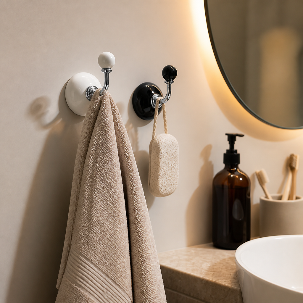 White and black ceramic adhesive hooks holding a hand towel near a bathroom vanity