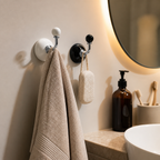 White and black ceramic adhesive hooks holding a hand towel near a bathroom vanity