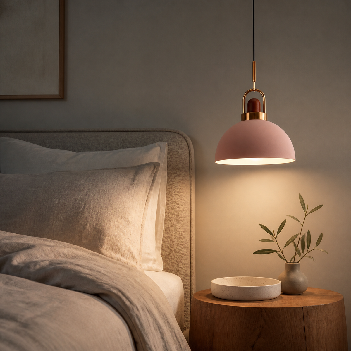 Pink metal pendant light used as a warm bedside hanging light