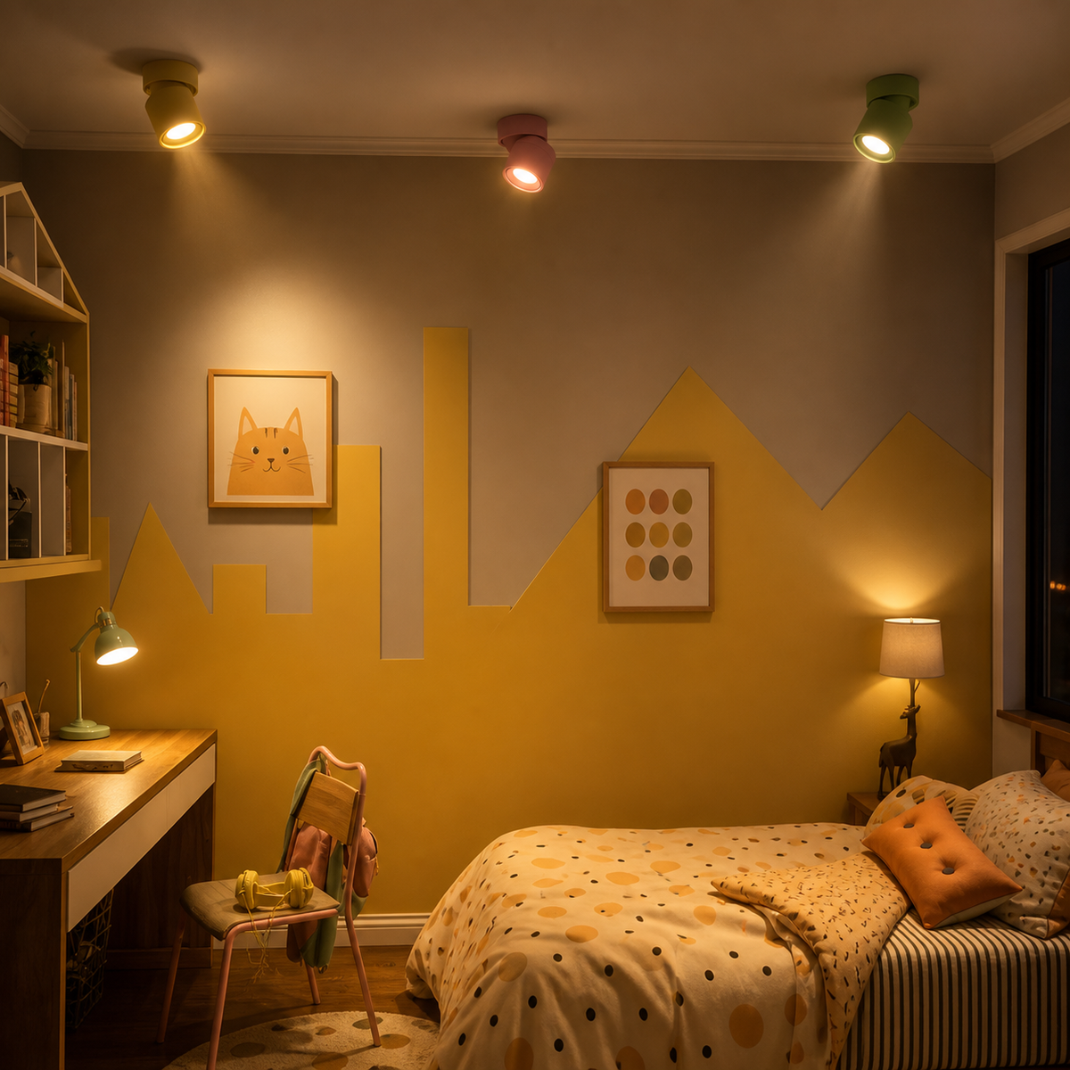 Yellow pink and green adjustable ceiling spotlights glowing in a bedroom