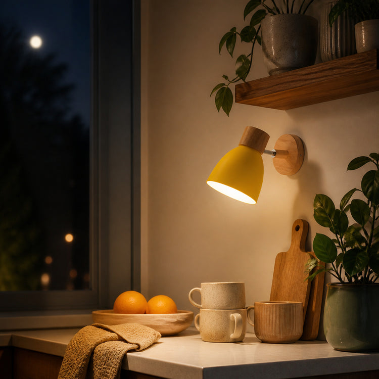 Yellow macaron wall sconce glowing over a kitchen nook