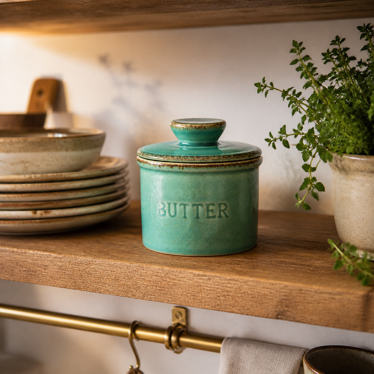 Green reactive glaze butter crock on an open kitchen shelf with plates and herbs