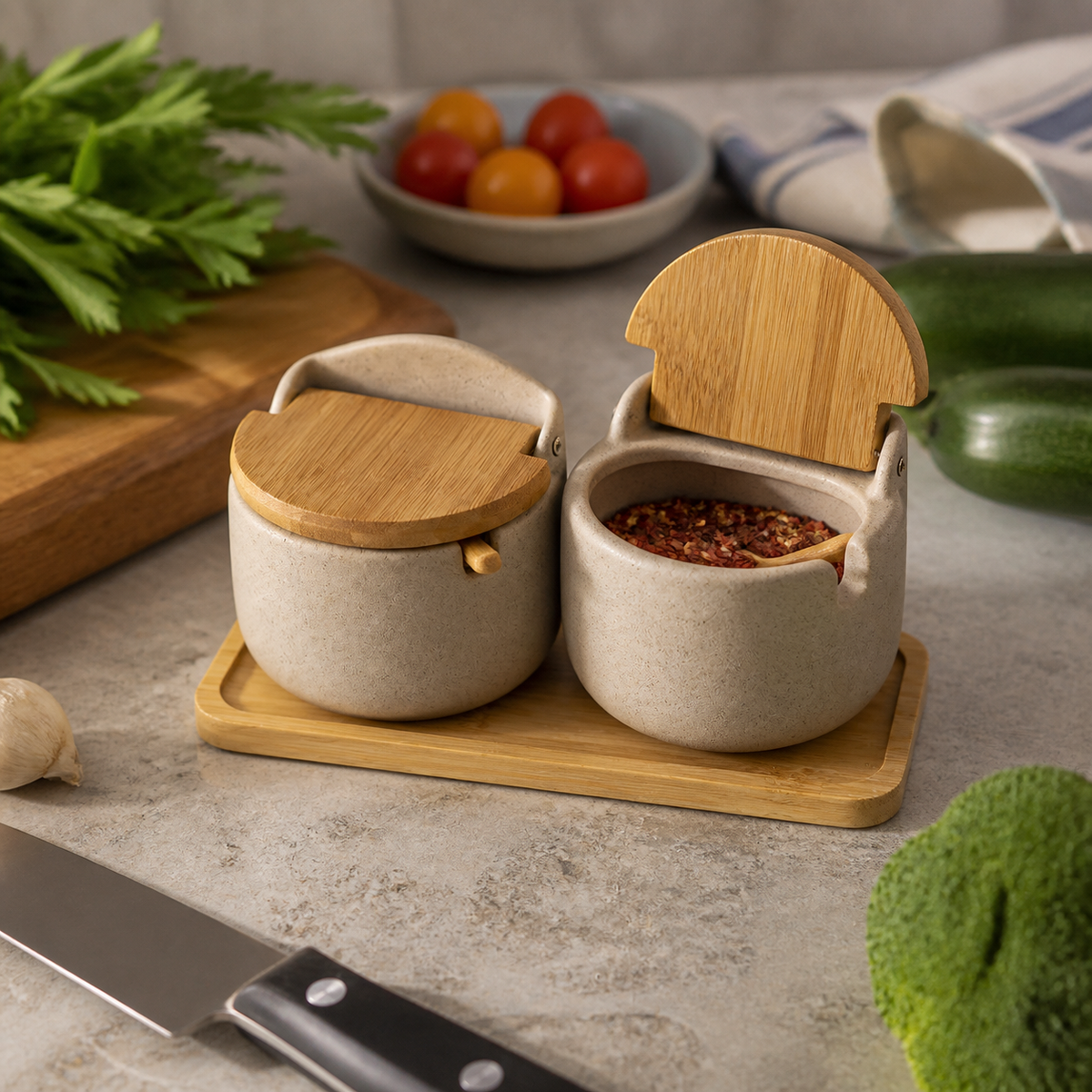 Two ceramic seasoning jars on a bamboo tray at a kitchen prep station