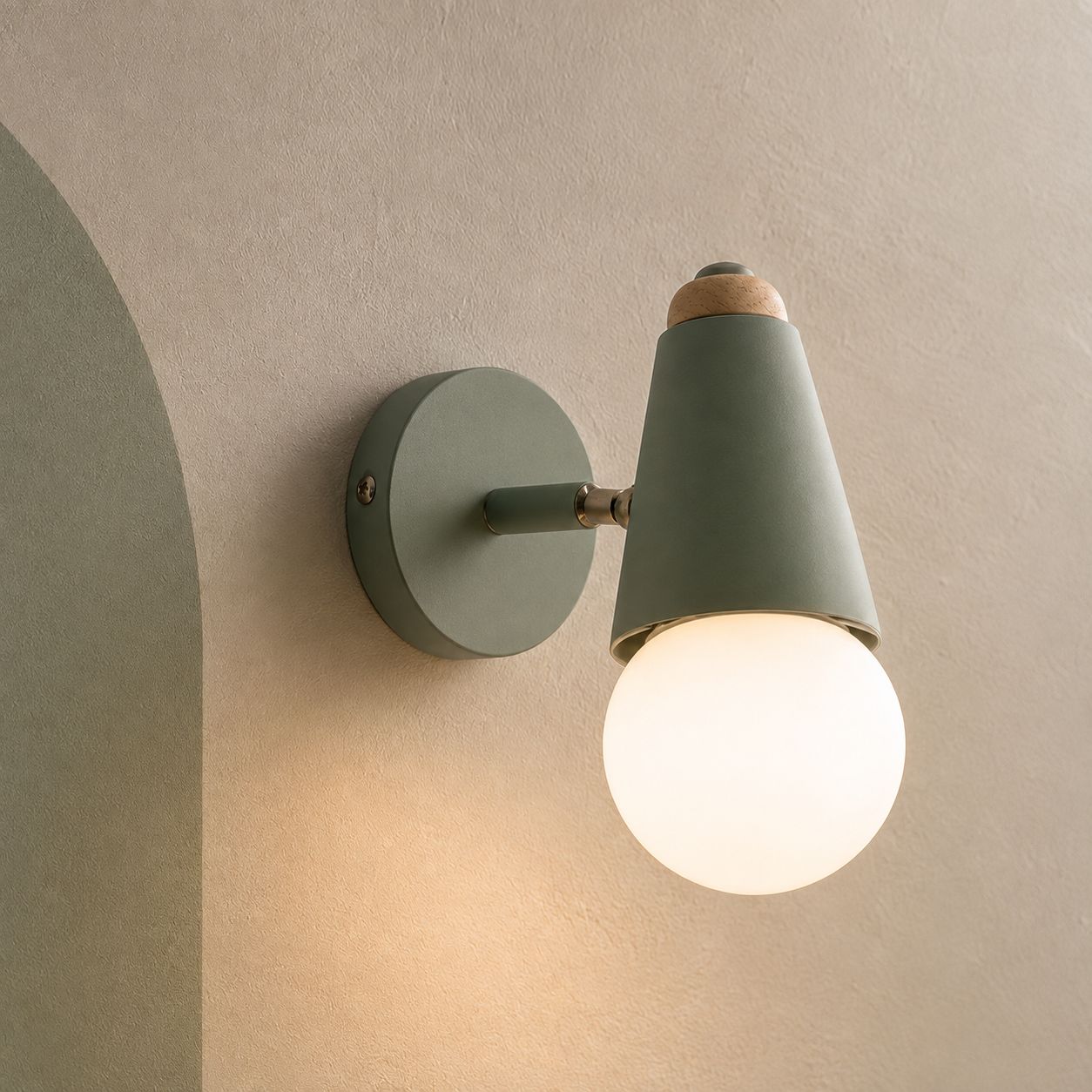 Green globe wall sconce with iron backplate lit on a putty wall