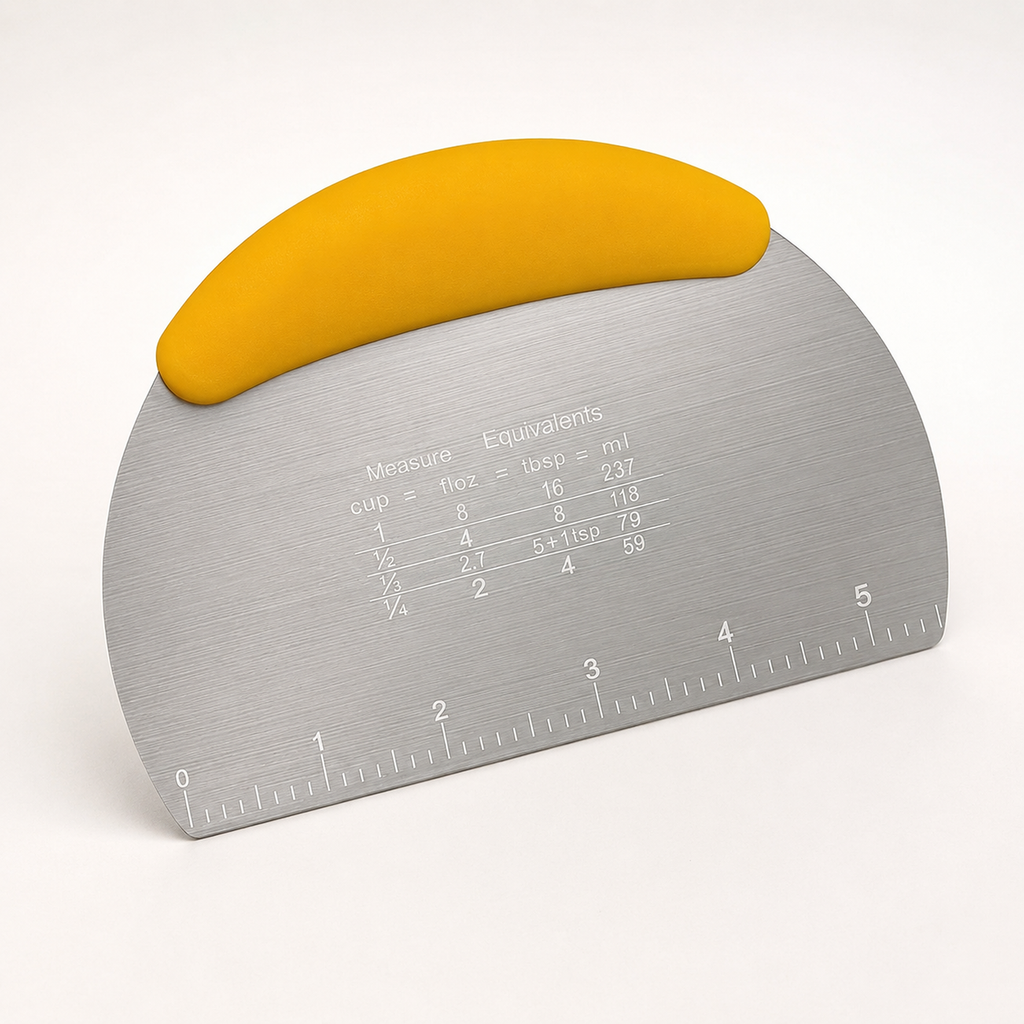 Bench scraper with a yellow handle, brushed stainless steel blade with an etched inch ruler