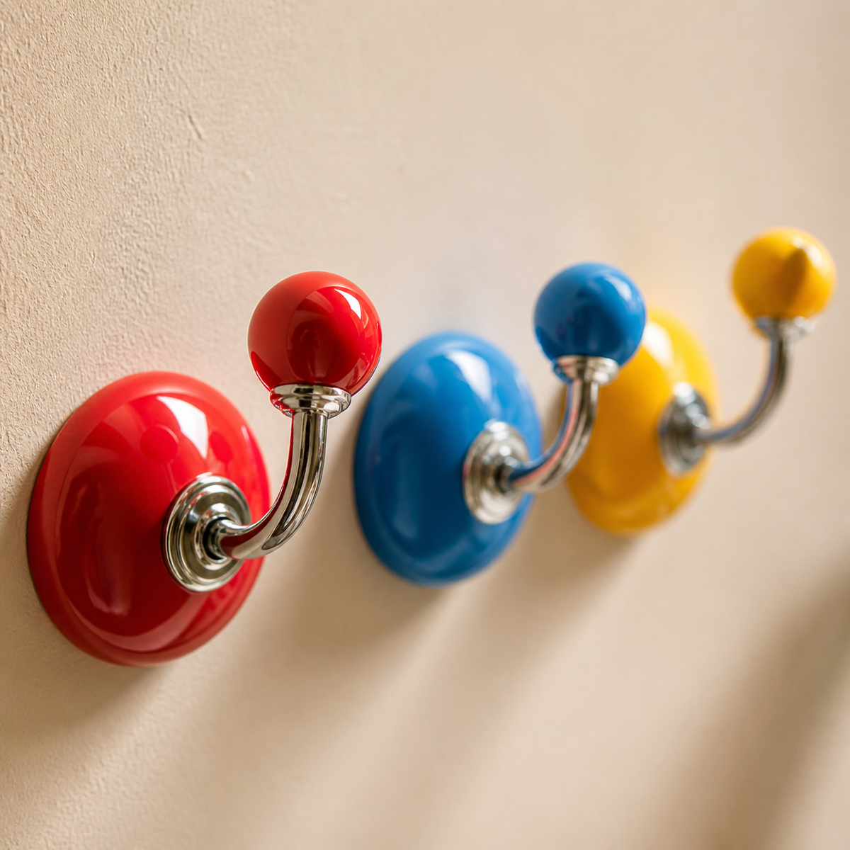 Close detail of glossy ceramic adhesive hooks with chrome metal hooks