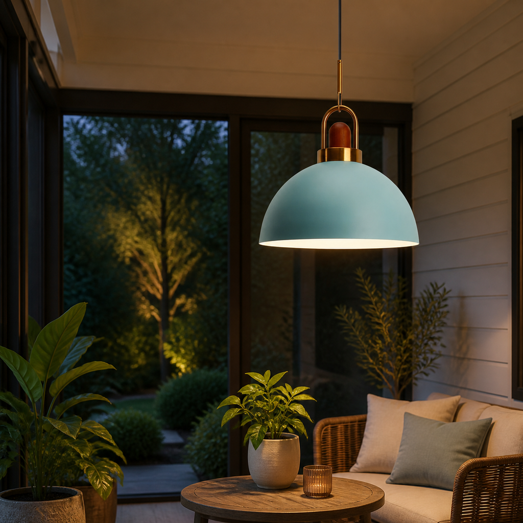 Colorful metal pendant light glowing in a dry covered porch with plants