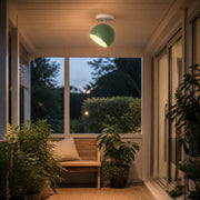 A modern ceiling light fixture with a matte sage green globe shade and a white circular mount, glowing warmly on a wooden porch with plants and a bench in the background.