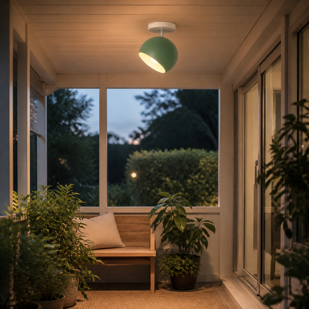 Green ball ceiling light glowing in a dry covered porch with plants