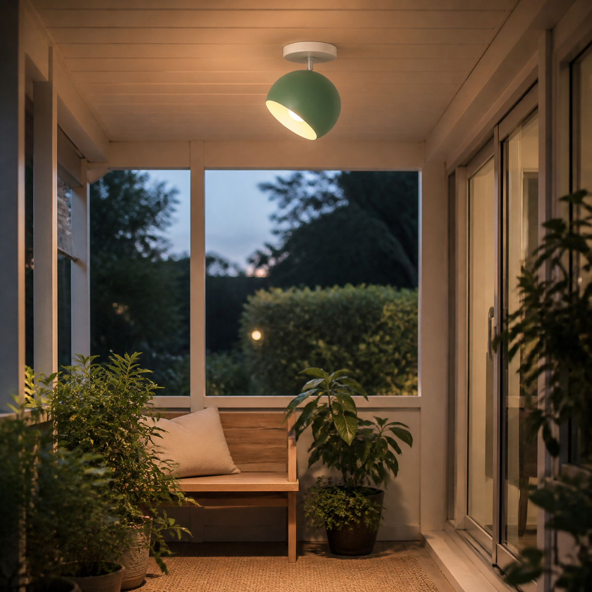 Green ball ceiling light glowing in a dry covered porch with plants