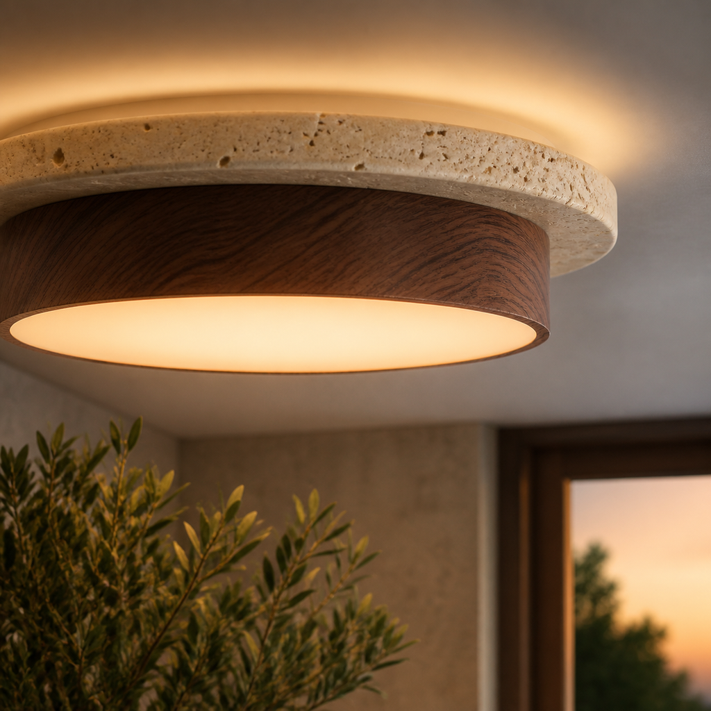 Close detail of travertine and wood flush mount ceiling light in a warm entry