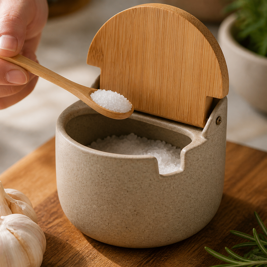 Close view of ceramic seasoning jar with bamboo lid open and spoon lifting salt