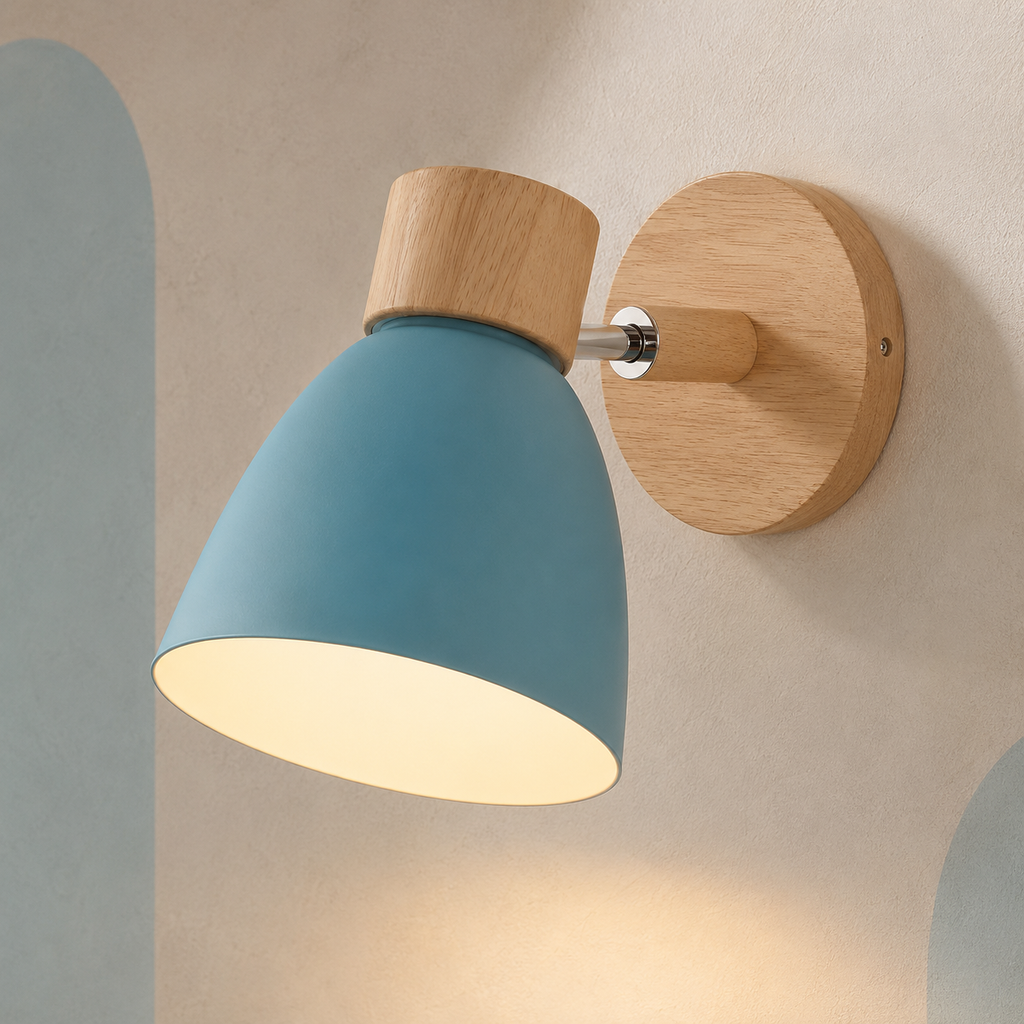 Blue bell wall lamp with rubberwood base lit on a cream wall