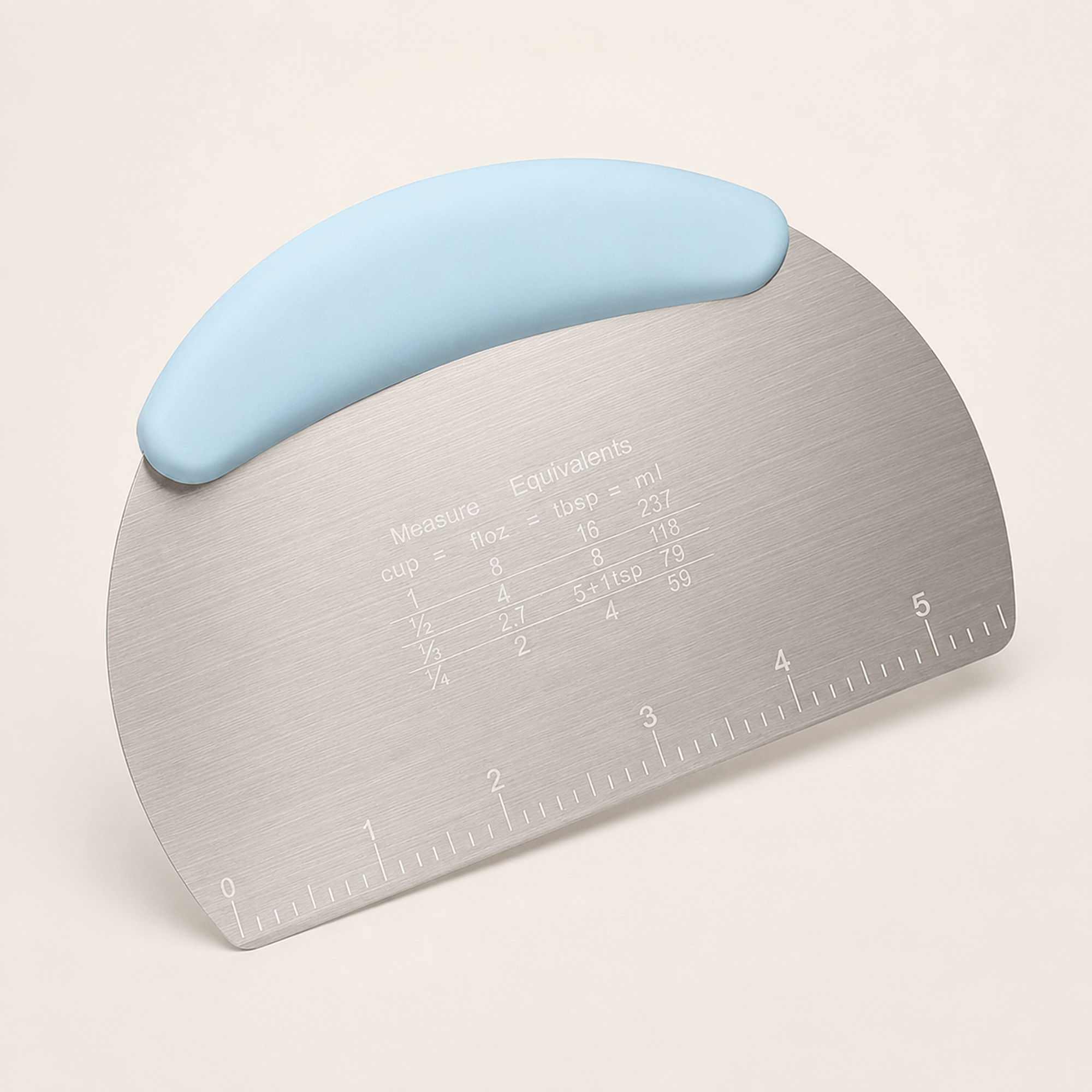 Bench scraper with a pale blue handle, brushed stainless steel blade with an etched inch ruler