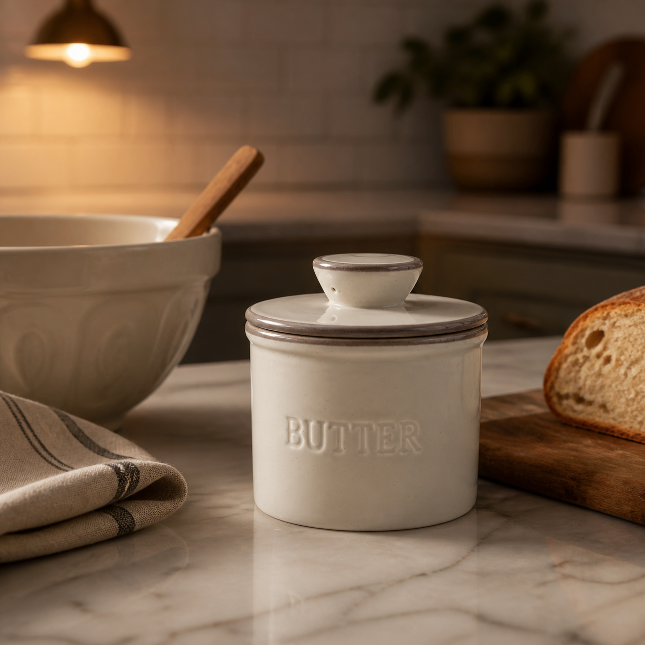 Warm gray ceramic butter crock on a marble kitchen prep counter with soft evening light