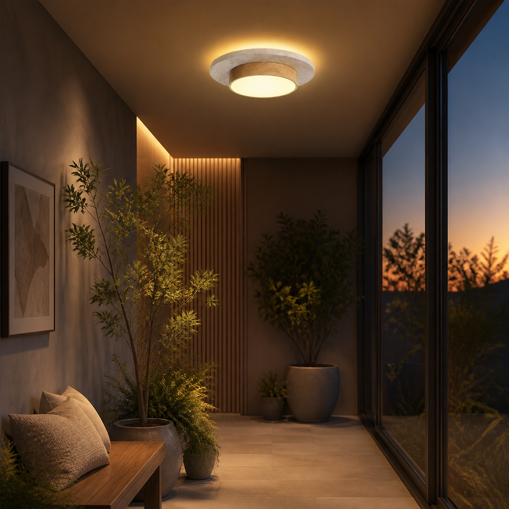 Travertine flush mount ceiling light glowing in a dry covered sunroom corridor