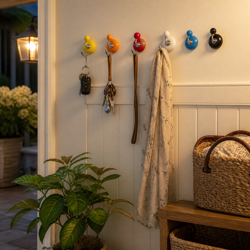 Colorful adhesive hooks in a dry mudroom drop zone with plants