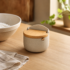 Ceramic salt cellar on a baking-prep counter with mixing bowl and linen towel