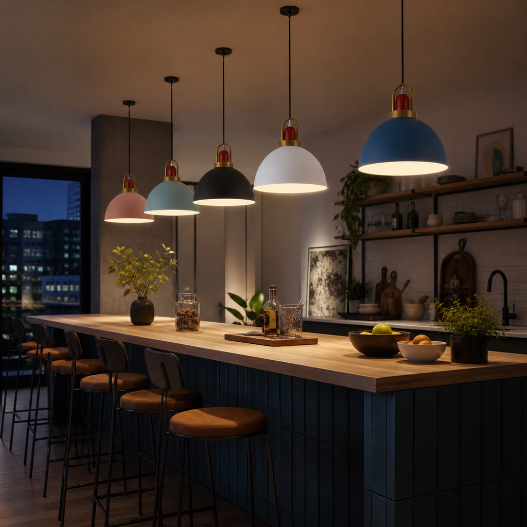 Multiple metal pendant shade styles and colors over a long bar counter