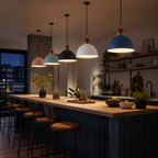 Multiple metal pendant shade styles and colors over a long bar counter