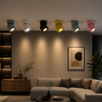 Six adjustable ceiling spotlight colors displayed on a real ceiling line