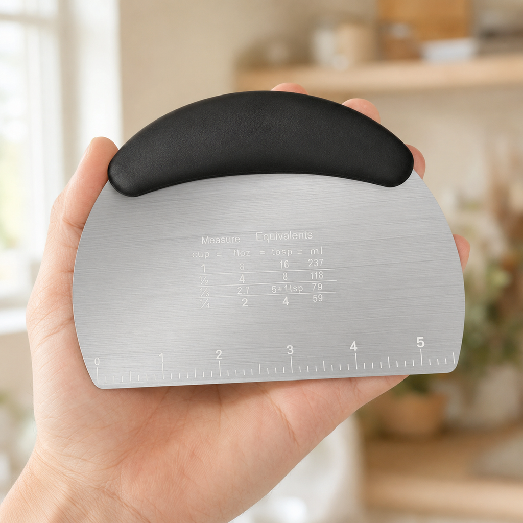 Hand holding a stainless steel bench scraper to show its size against an open palm