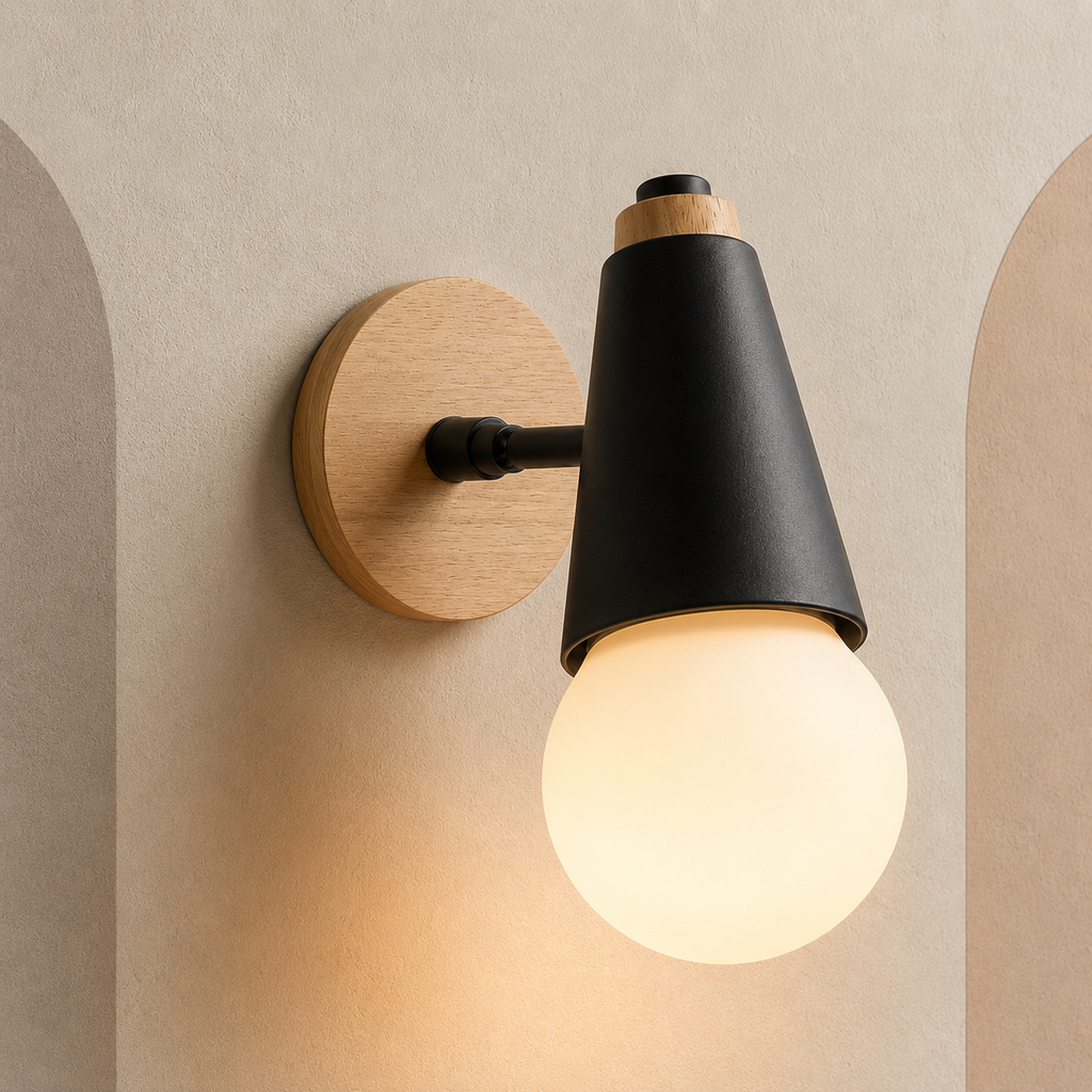 Black wall sconce with rubberwood backplate lit warm on a beige wall