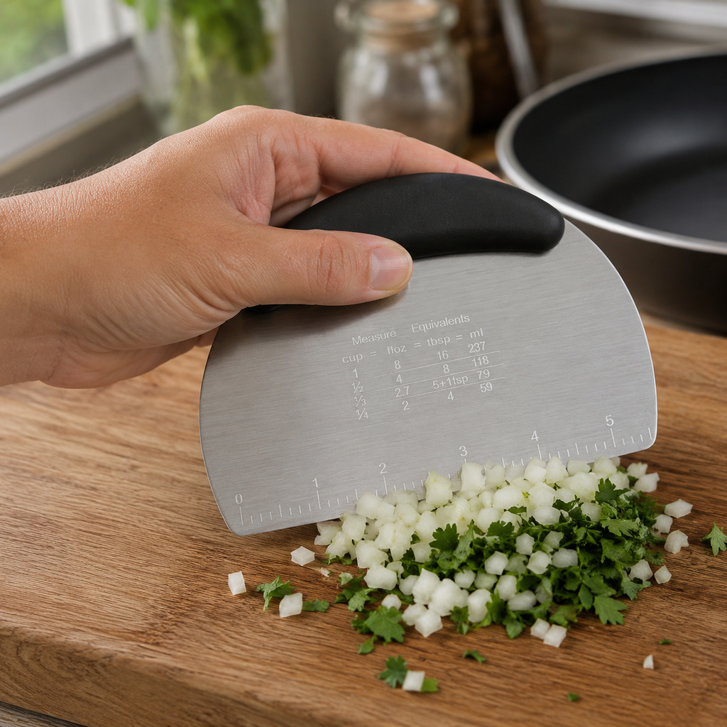 Bench scraper lifting diced onion and chopped herbs from a wooden board toward a pan