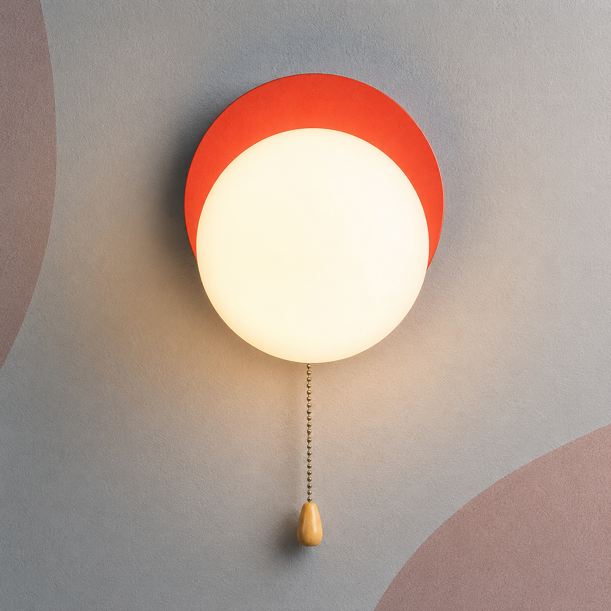 Coral red disc globe wall sconce lit warm with pull chain switch