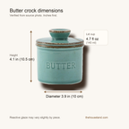 Butter crock dimension diagram showing height, diameter and lid cup capacity