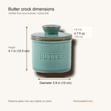 A turquoise ceramic butter jar with a lid and embossed 'BUTTER' text, shown with dimension arrows and labels indicating height 4.1 in (10.