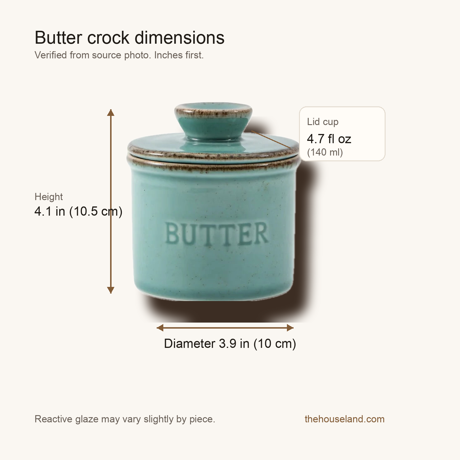 Butter crock dimension diagram showing height, diameter and lid cup capacity
