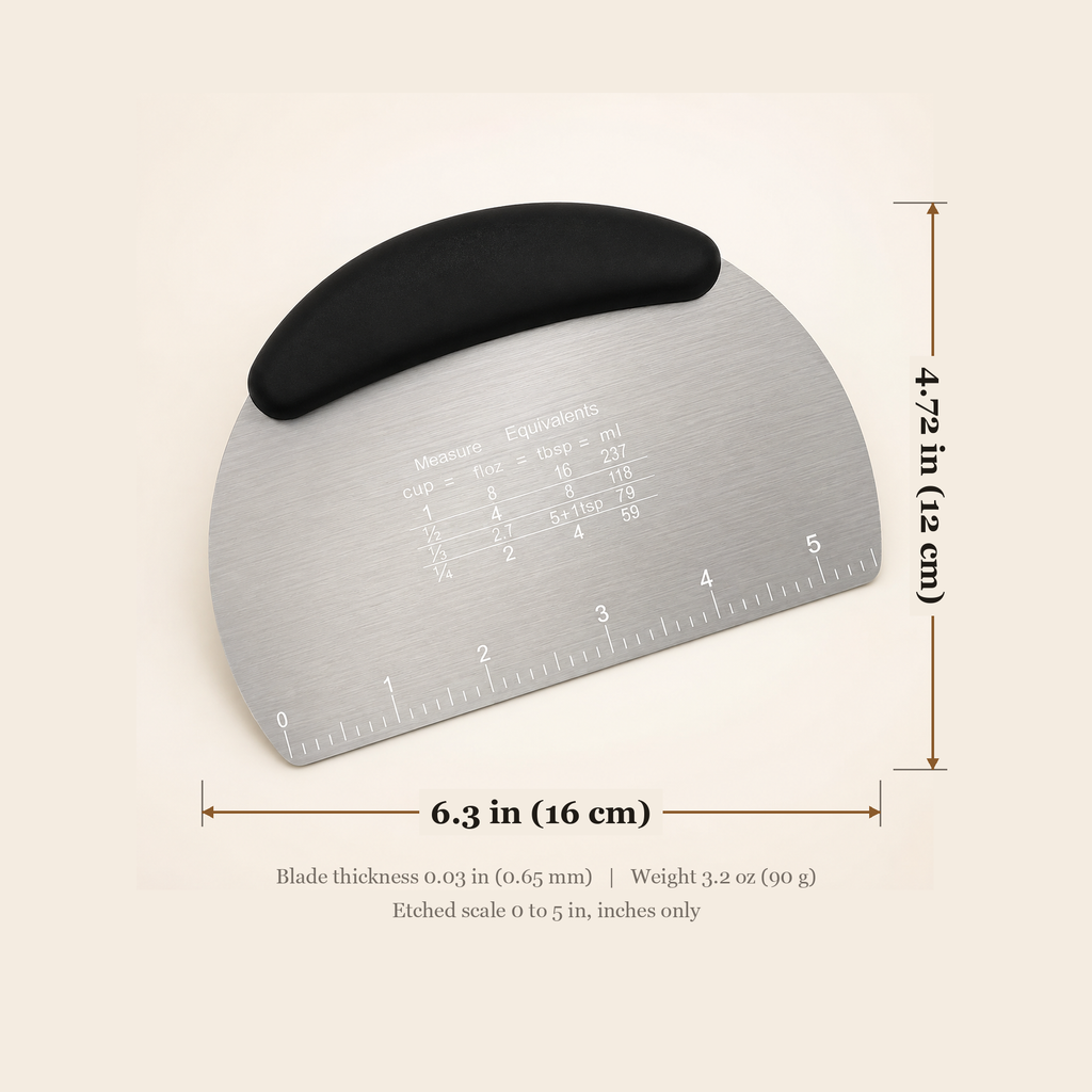 Dimension diagram of the bench scraper, 6.3 in wide and 4.72 in tall with a 0.03 in blade