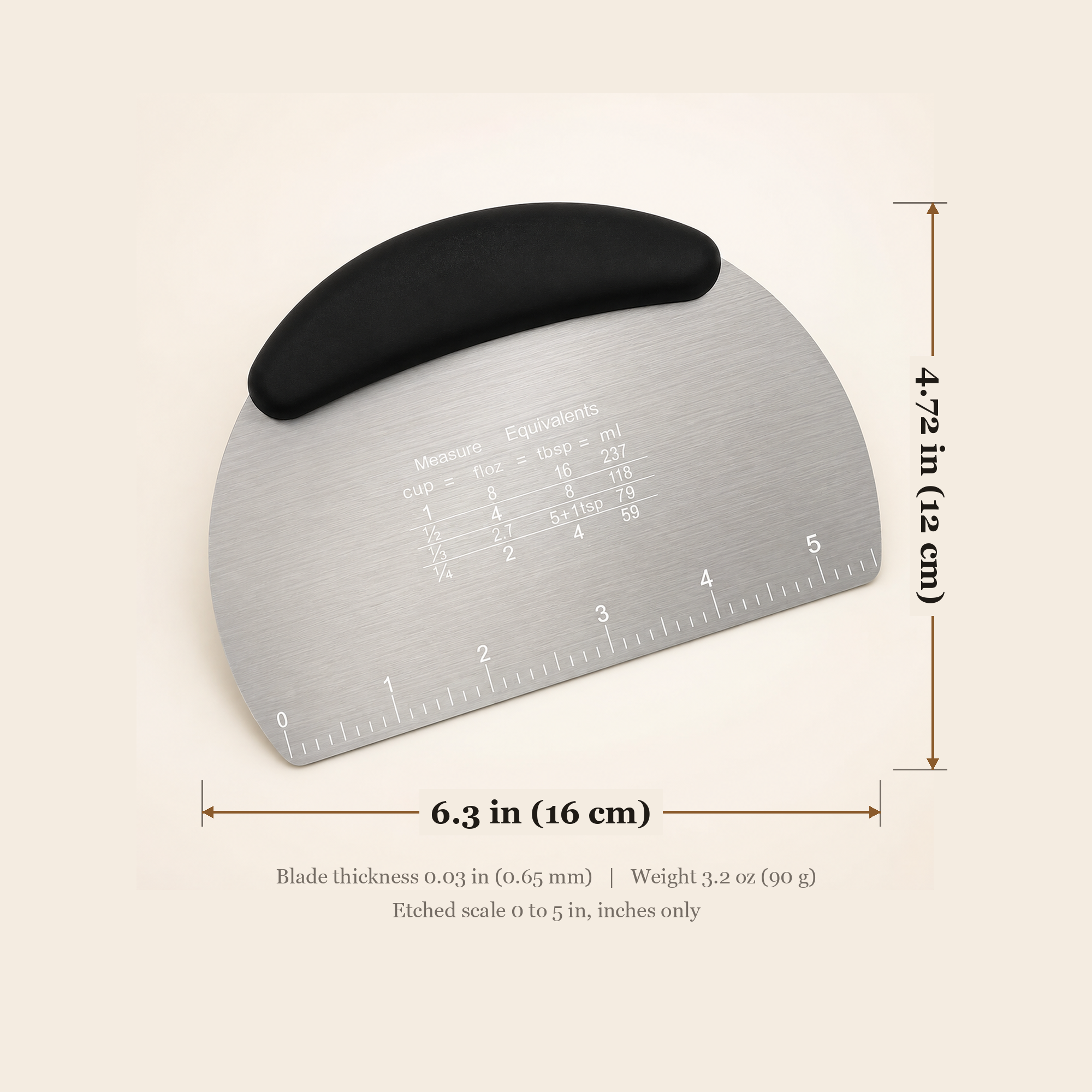 Dimension diagram of the bench scraper, 6.3 in wide and 4.72 in tall with a 0.03 in blade