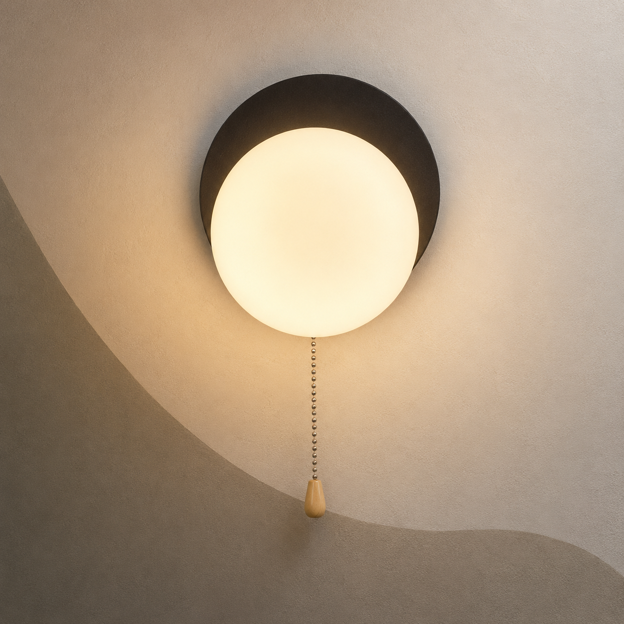 Matte black disc globe wall sconce lit warm with pull chain switch