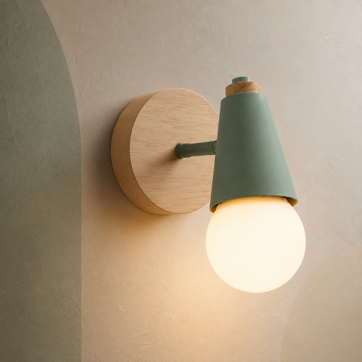 Green wall sconce with rubberwood backplate lit on a sage-tinted wall
