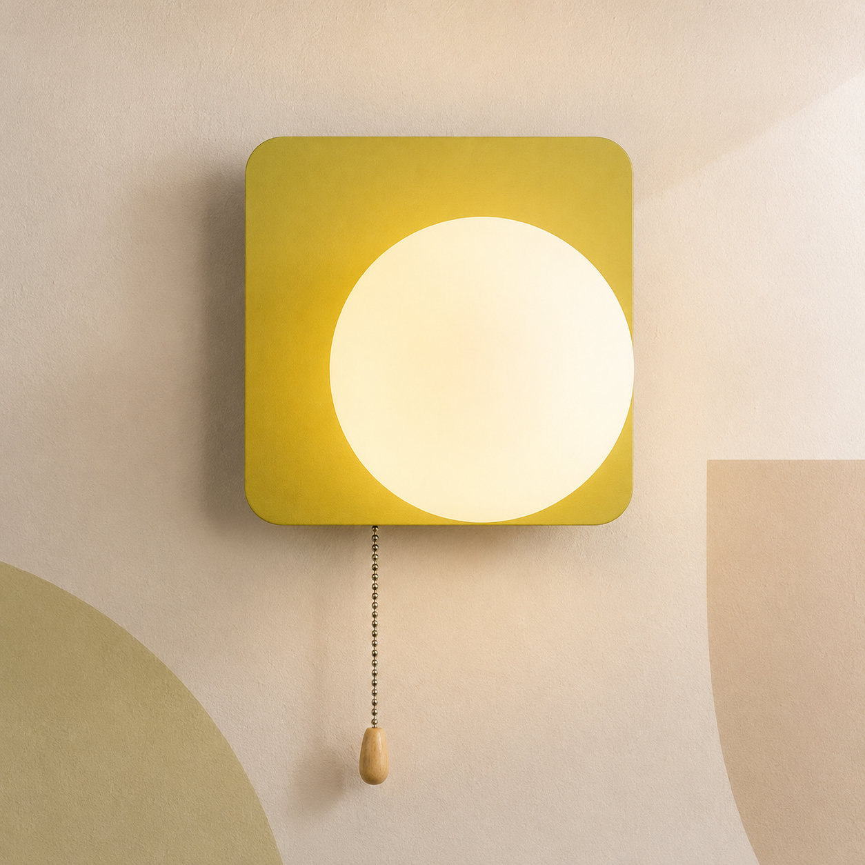 Chartreuse green square globe wall sconce lit warm with pull chain switch