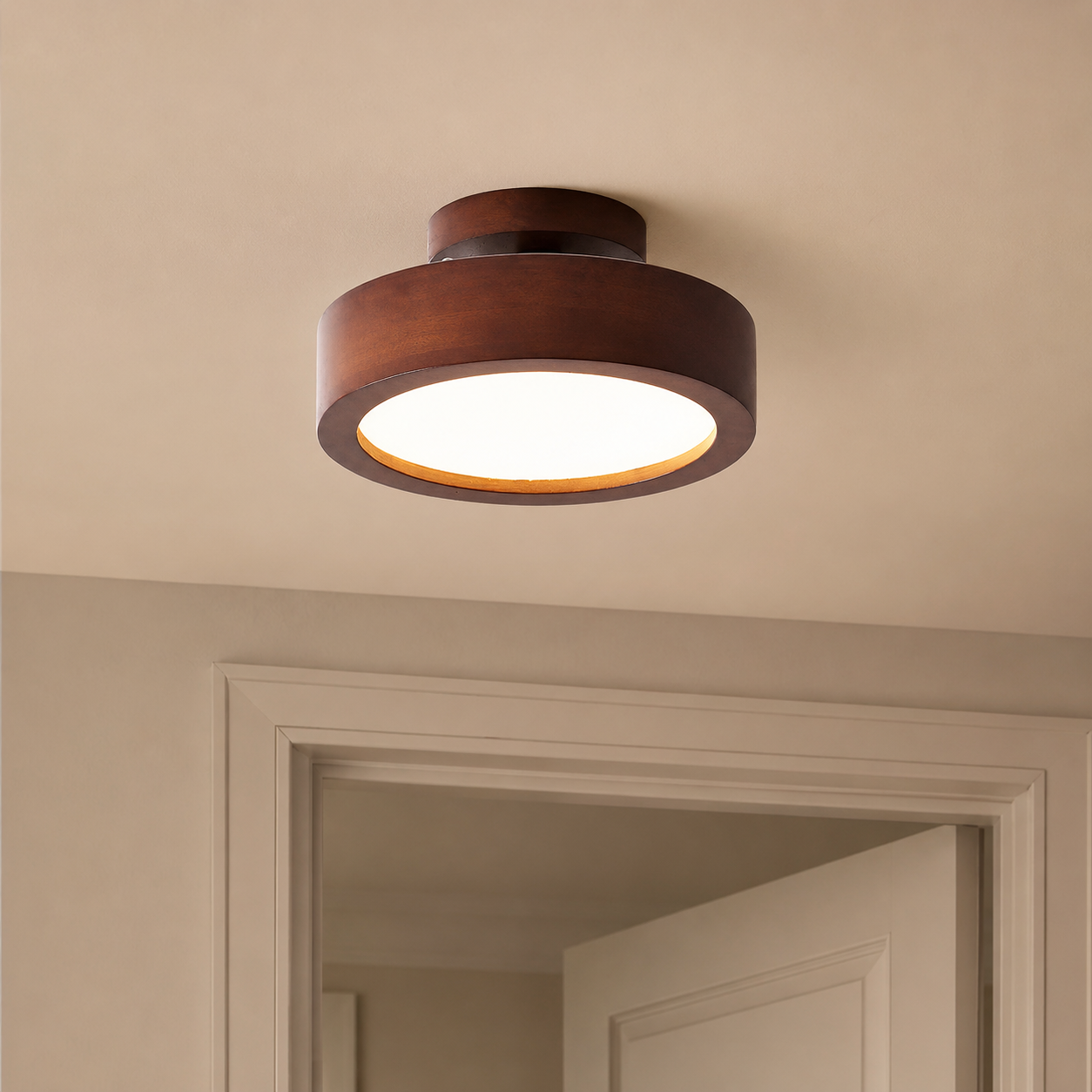Wood flush mount ceiling light near a door frame, switched on warm glow