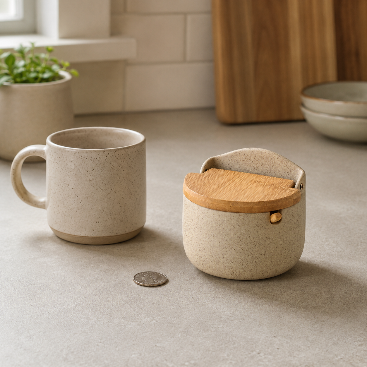 Ceramic salt cellar beside a coin and mug for scale reference