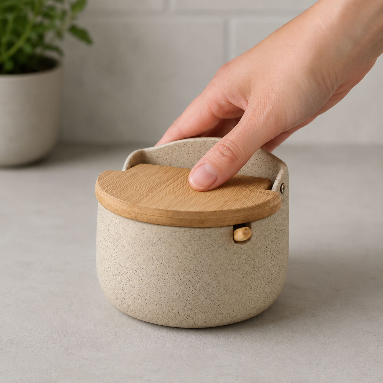 Hand closing the bamboo lid of the ceramic salt cellar