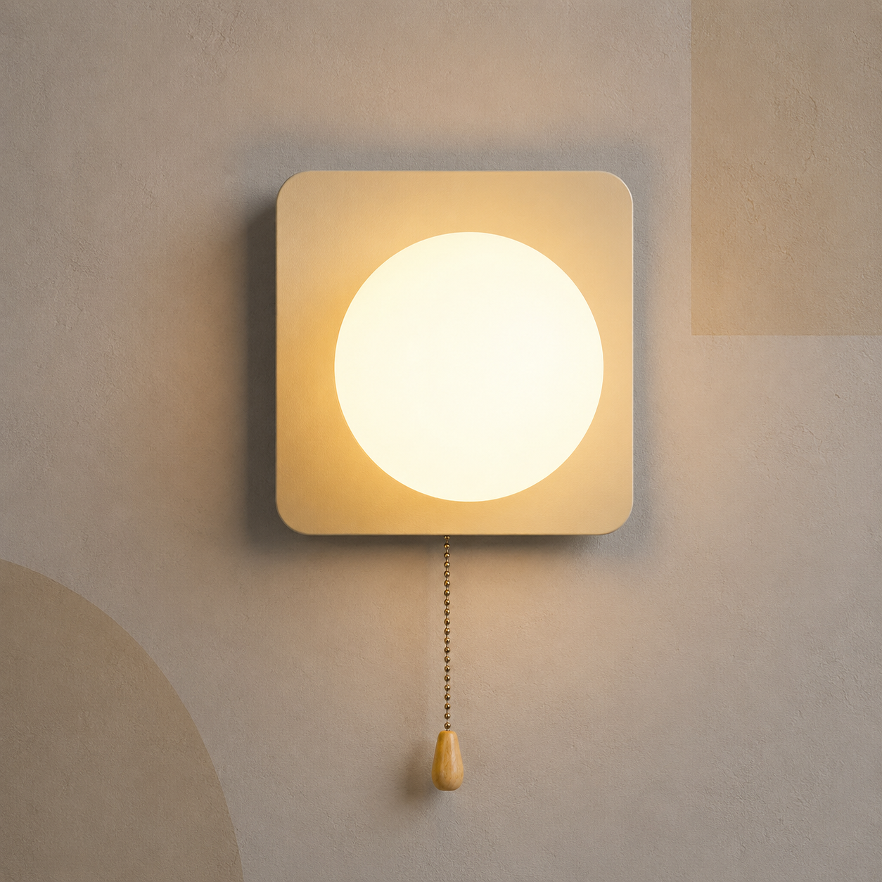 Soft beige square globe wall sconce lit warm with pull chain switch