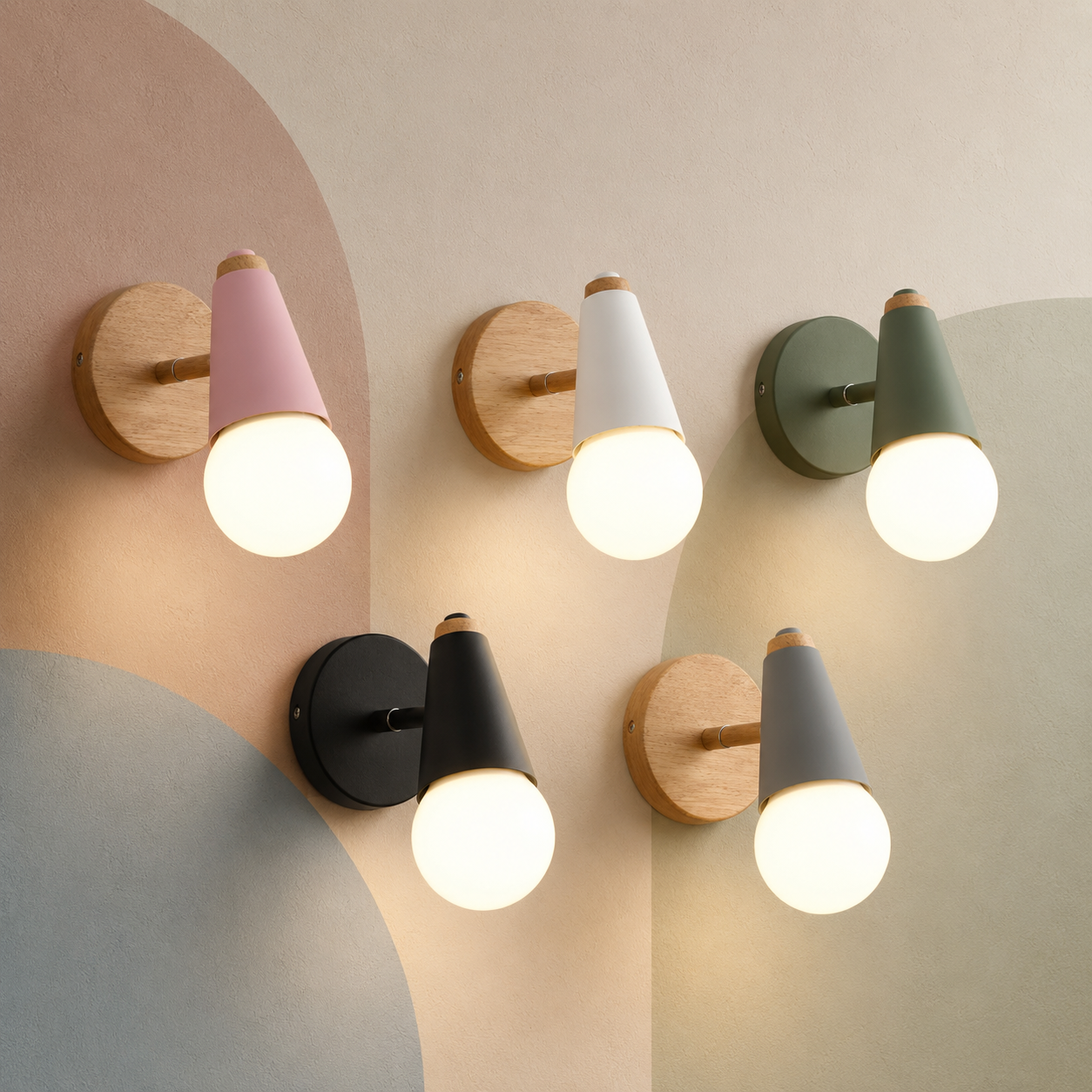 Five lit globe vanity sconces in macaron colors with iron and wood backplates on a pastel color-block wall
