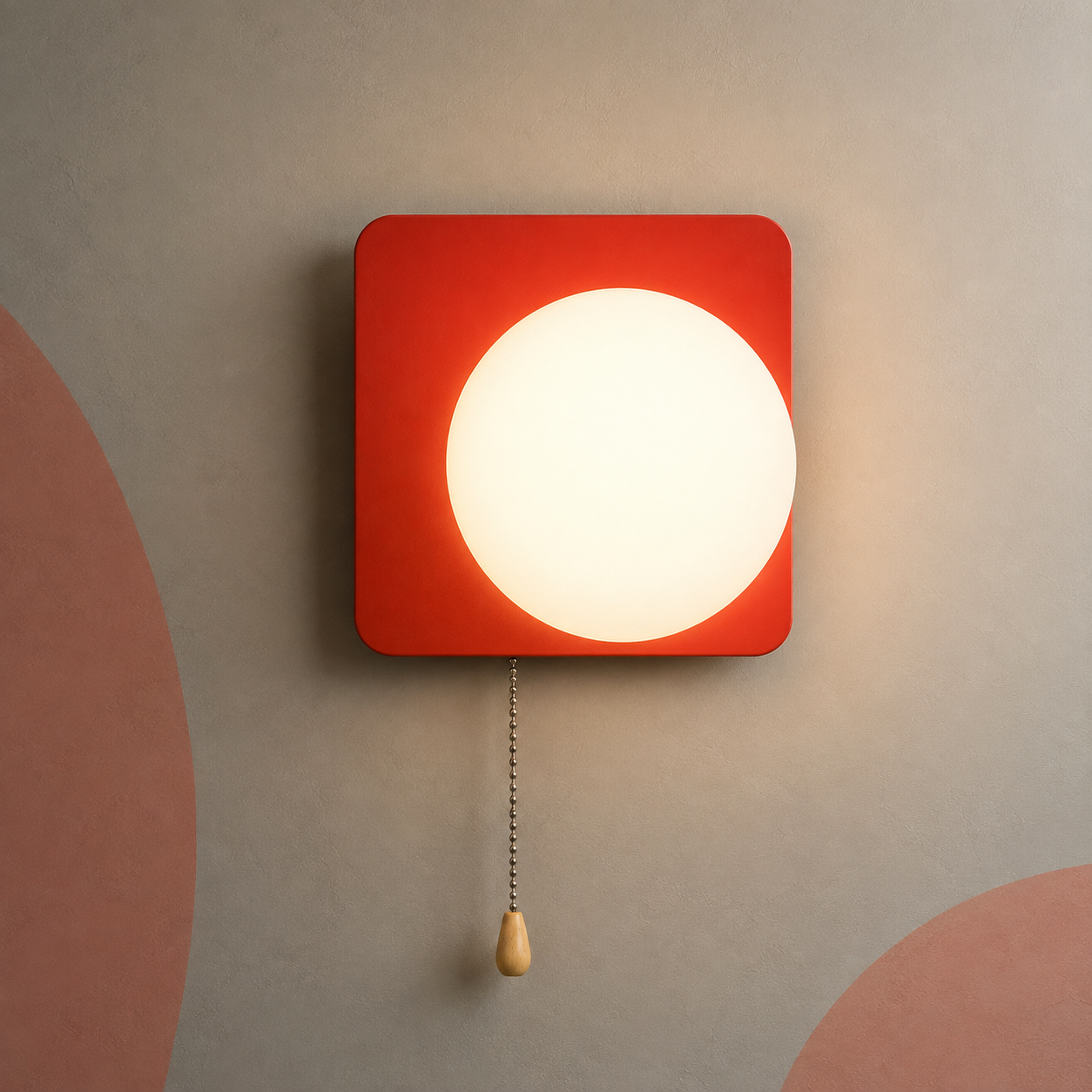 Coral red square globe wall sconce lit warm with pull chain switch