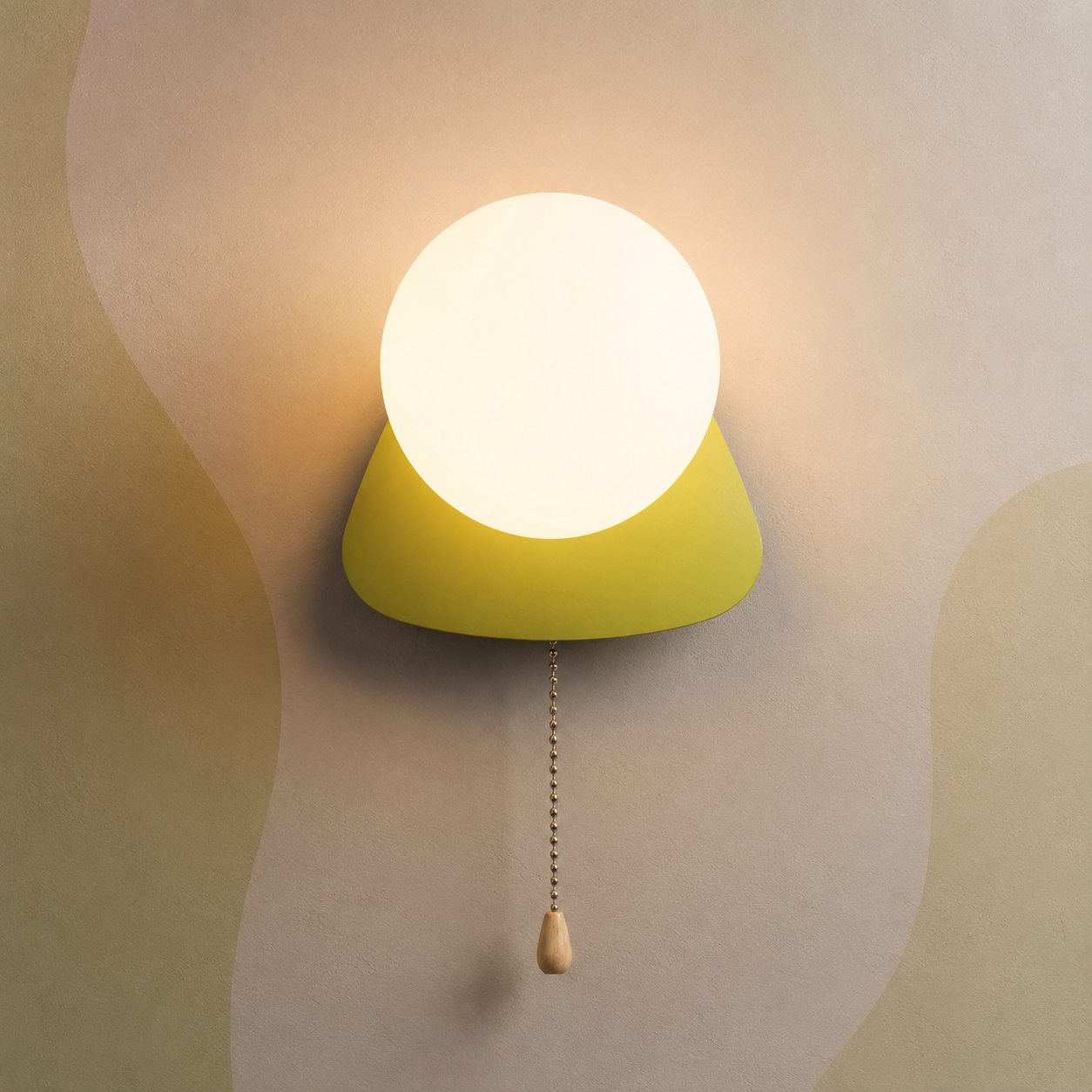 Chartreuse green pebble globe wall sconce lit warm with pull chain switch